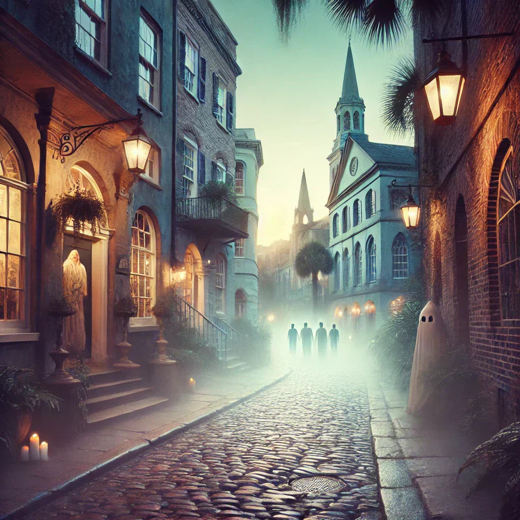Scenic walking tour of Charleston at dusk, with cobblestone streets and mysterious, haunted charm