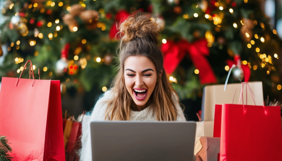Excited woman shopping holiday gift guide