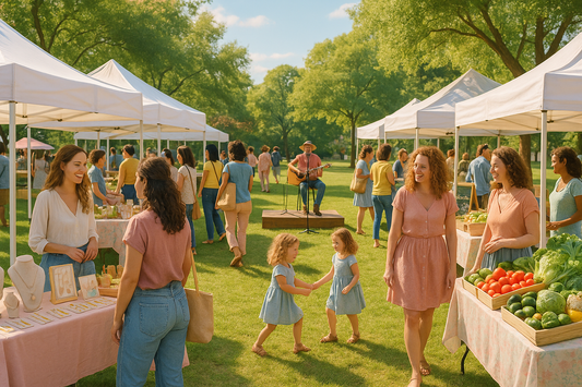 Outdoor artisan market with white tents, handmade goods, fresh produce, live music, and families enjoying a sunny day at a community event.
