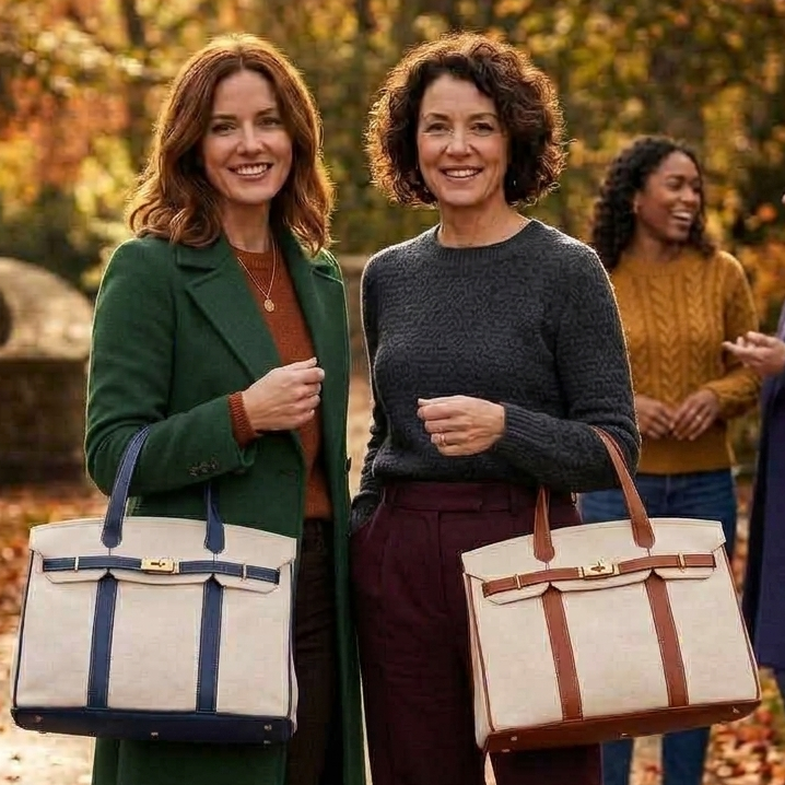 A group of women carrying Boatkin bags in a park setting in fall.