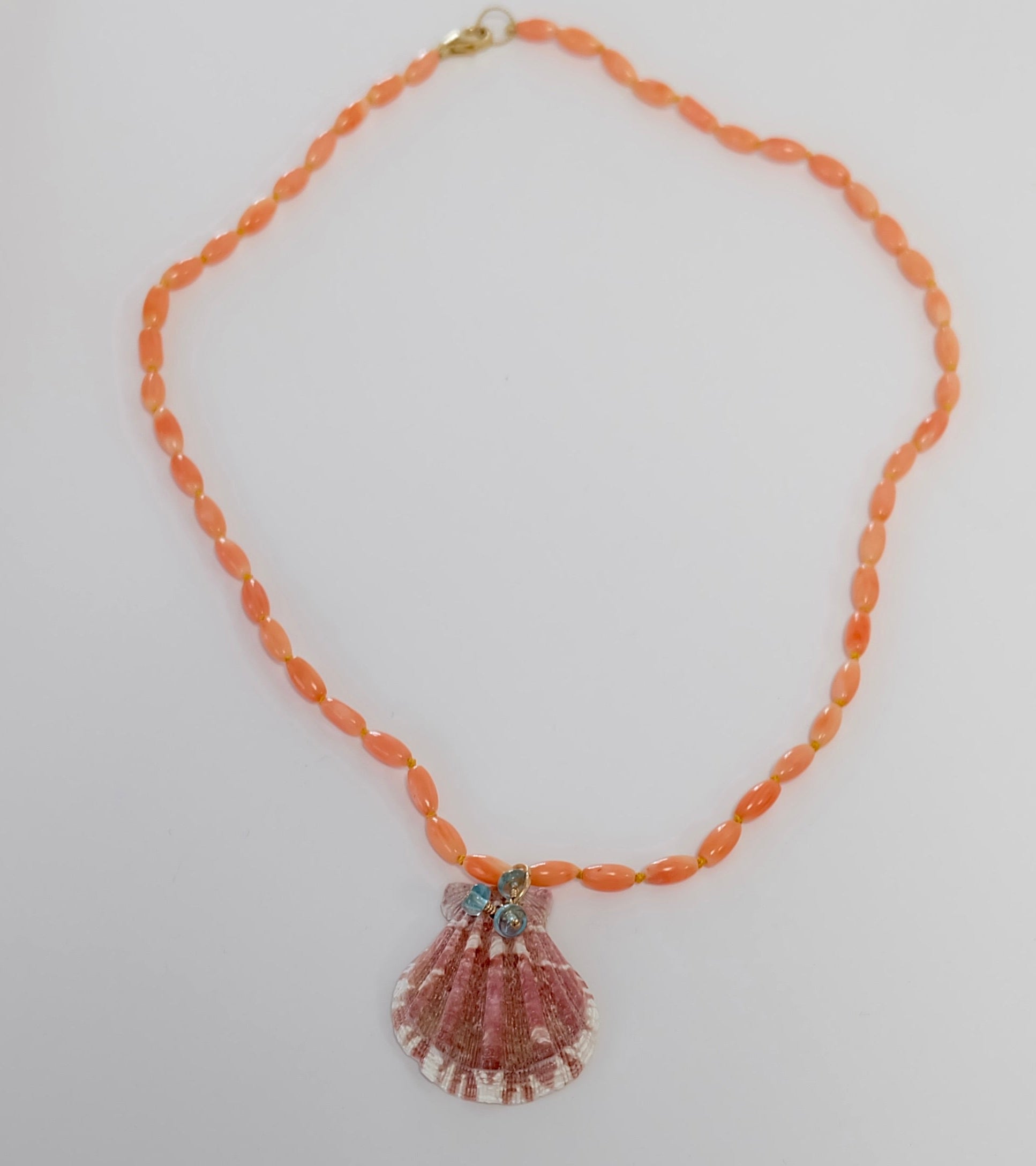 Display of Coral Necklace with shell and apatite charms.