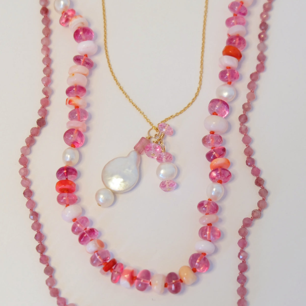 Dainty necklace with pink tourmaline and pearl charms