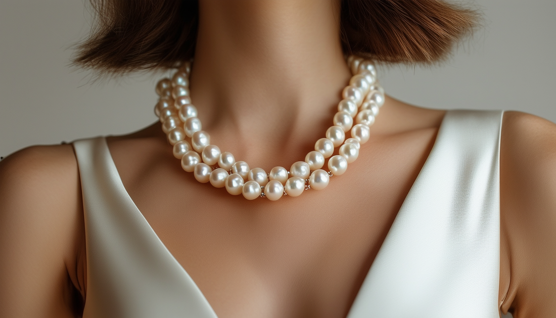 woman wearing a pearl necklace