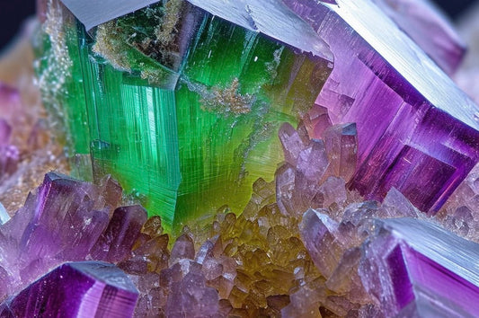 Yttrium Fluorite crystal displaying vibrant colors and unique geometric shapes, set against a neutral background.