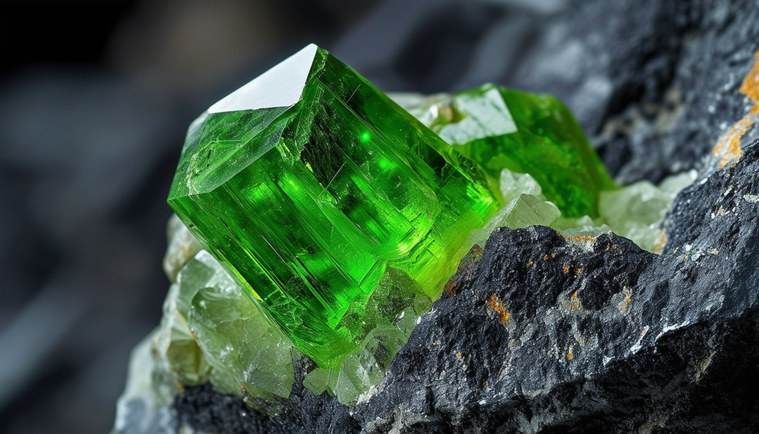 stunning close up of peridot crystal embedded