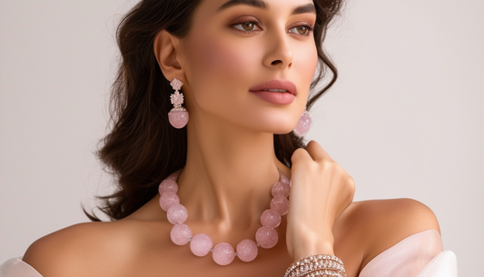 woman wearing rose quartz jewelry