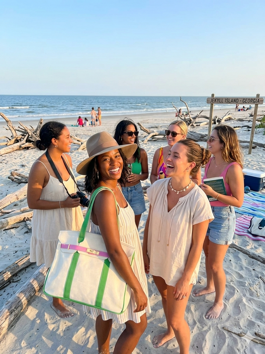 Friends laughing together on the beach at Jekyll Island, Georgia, with driftwood in the background.