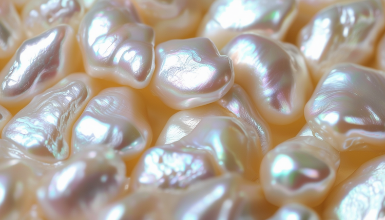A close-up of Biwa pearls showcasing their unique shapes and luster, reflecting light in various shades of white and cream.
