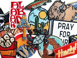 Iron on patches, embroidered in colorful designs. 