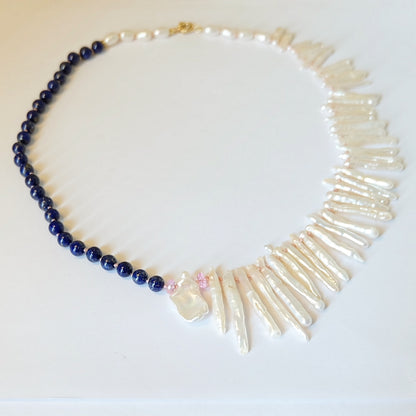 Biwa pearl and lapis lazuli necklace with a solid 14K gold sailor clasp