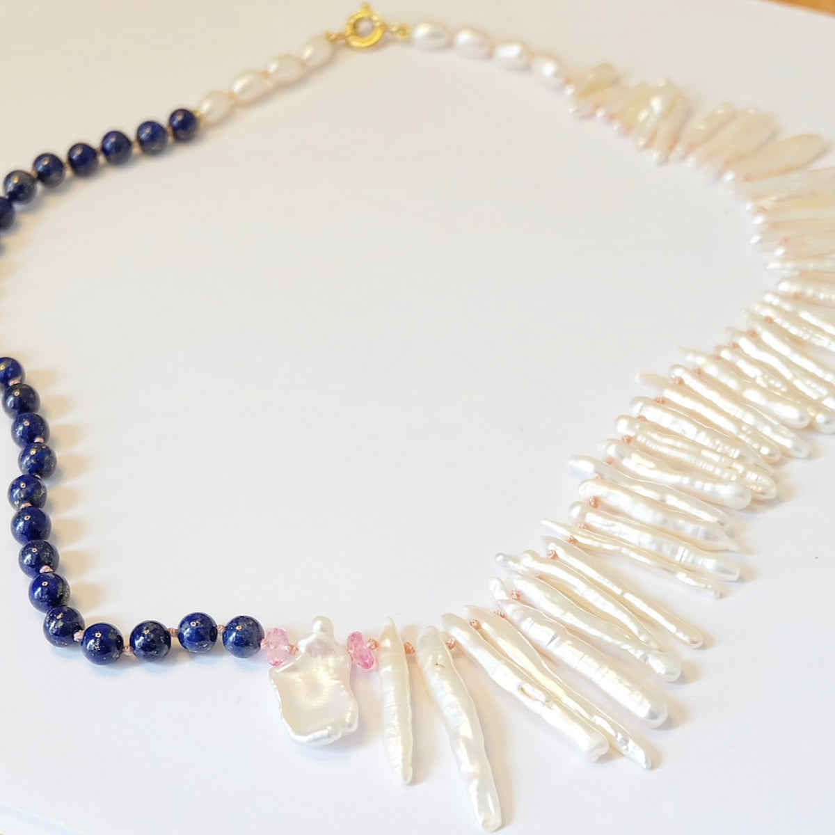 14K gold Biwa pearl and lapis lazuli necklace with pink topaz
