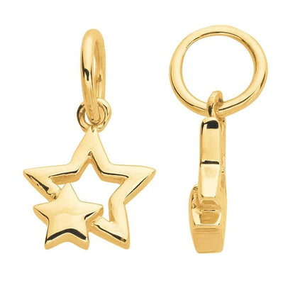 Solid 14K gold double star charm with a closed jump ring