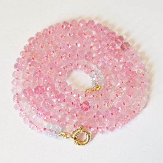 14K Gold Pink Tourmaline Candy Necklace with hand-knotted silk and Burmese gemstones