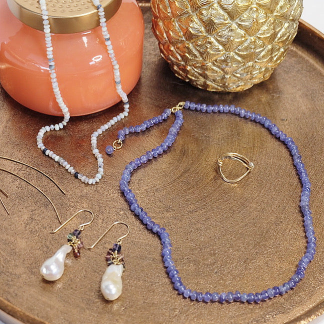 14K gold tanzanite beaded candy necklace hand-knotted on lavender silk