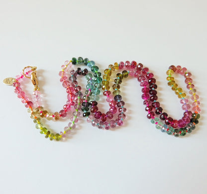 Watermelon tourmaline candy necklace hand-knotted on silk with a solid 14K gold clasp.
