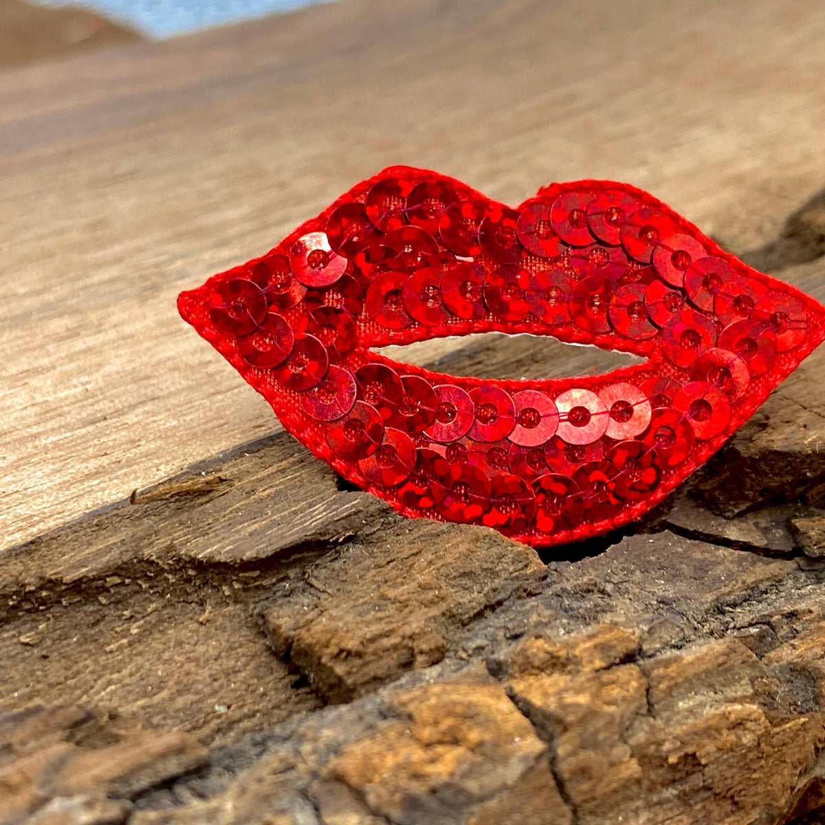 Red sequin lips iron-on patch, view 4