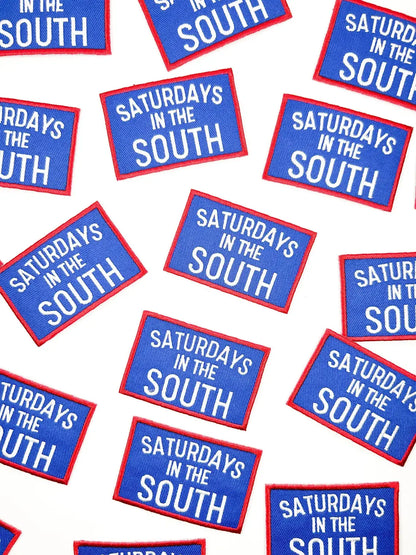 Pattern of 'Saturdays in the South' patches on a white background