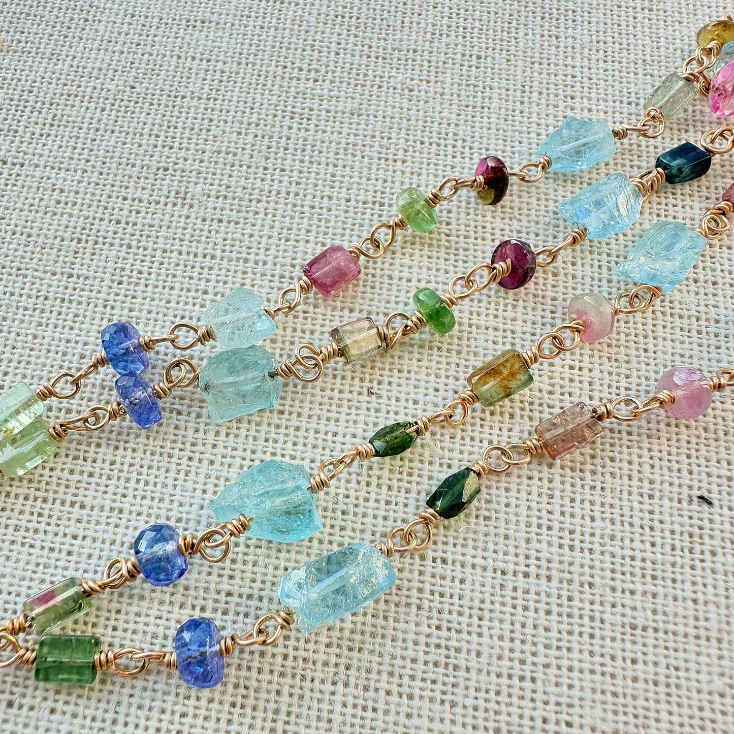 Tanzanite, Aquamarine, Tourmaline, Topaz 14K Yellow Gold Lariat Necklace