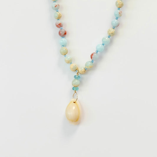 Elegant Agate Apatite Cowrie Shell Charm Necklace, hand knotted with ethically sourced 14K gold filled clasp.