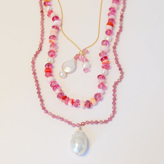 Handcrafted charm necklace with pink tourmaline and pearls