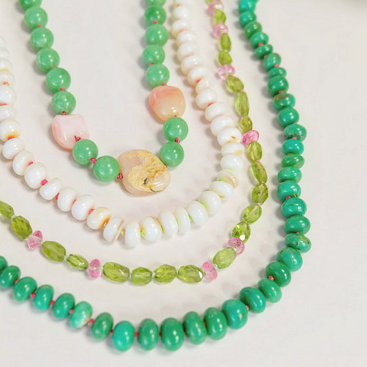 A vibrant chrysoprase candy necklace featuring colorful gemstones, elegantly strung for a stylish accessory.
