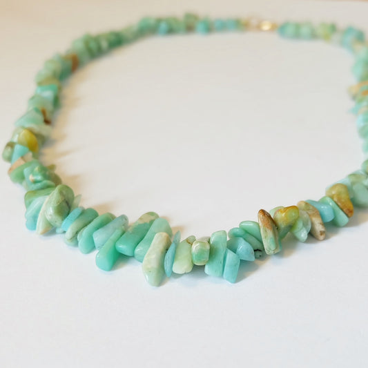 Close-up of amazonite beads and gold clasp