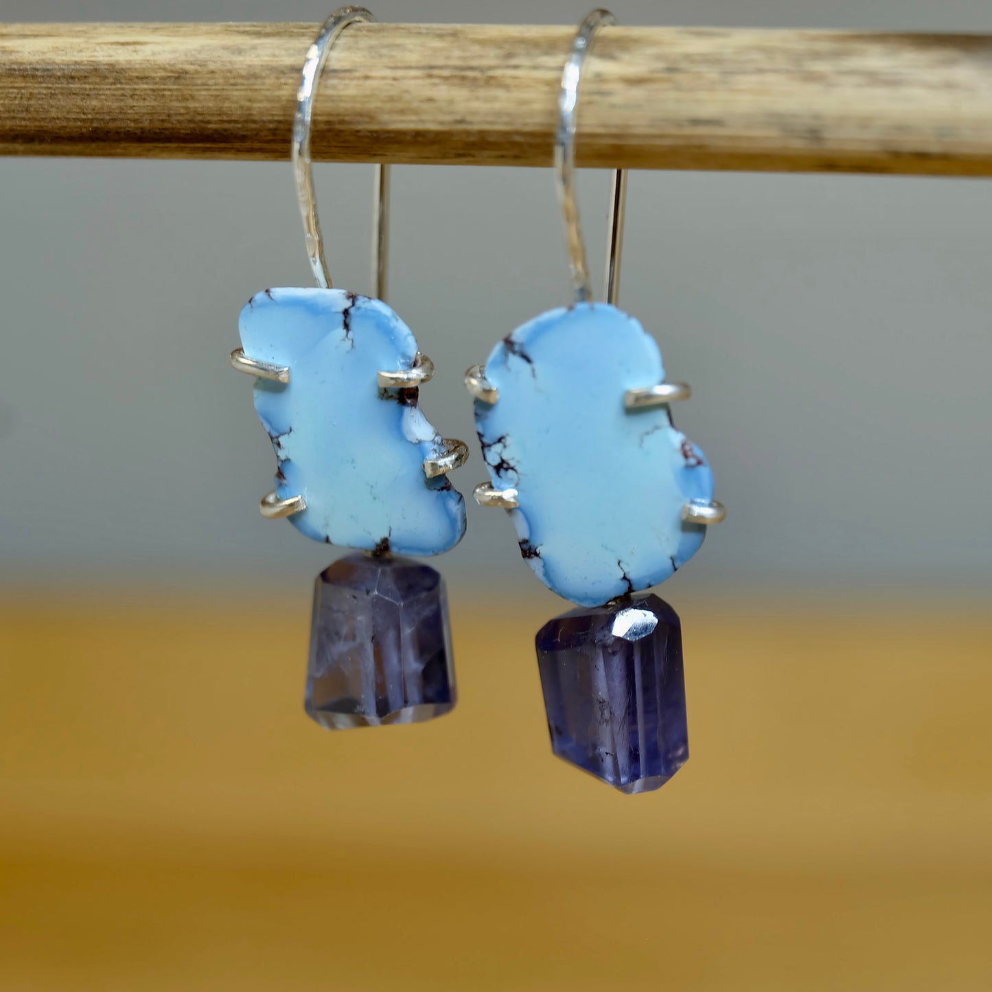 Rare Iolite and Golden Hills turquoise dangle earrings with silver accents