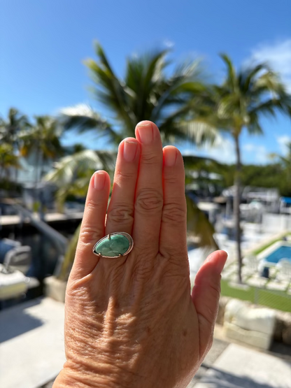 Hand wearing a green ring with palm trees and boats in the background