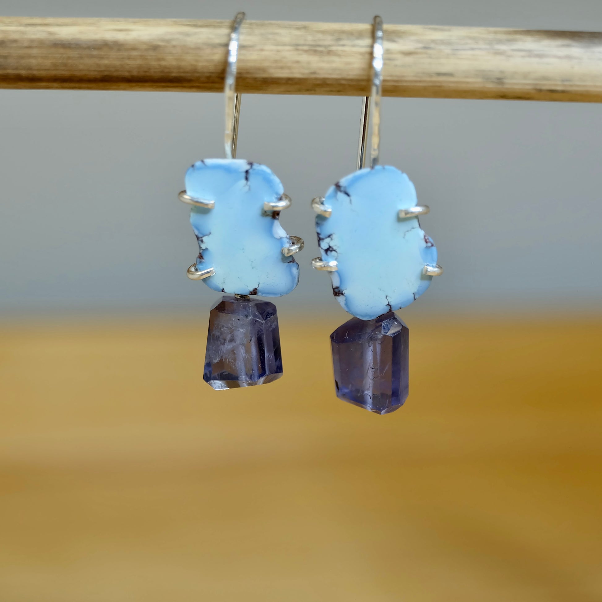 Stunning Iolite and Golden Hills turquoise dangle earrings in silver setting