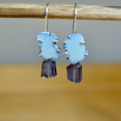 Stunning Iolite and Golden Hills turquoise dangle earrings in silver setting