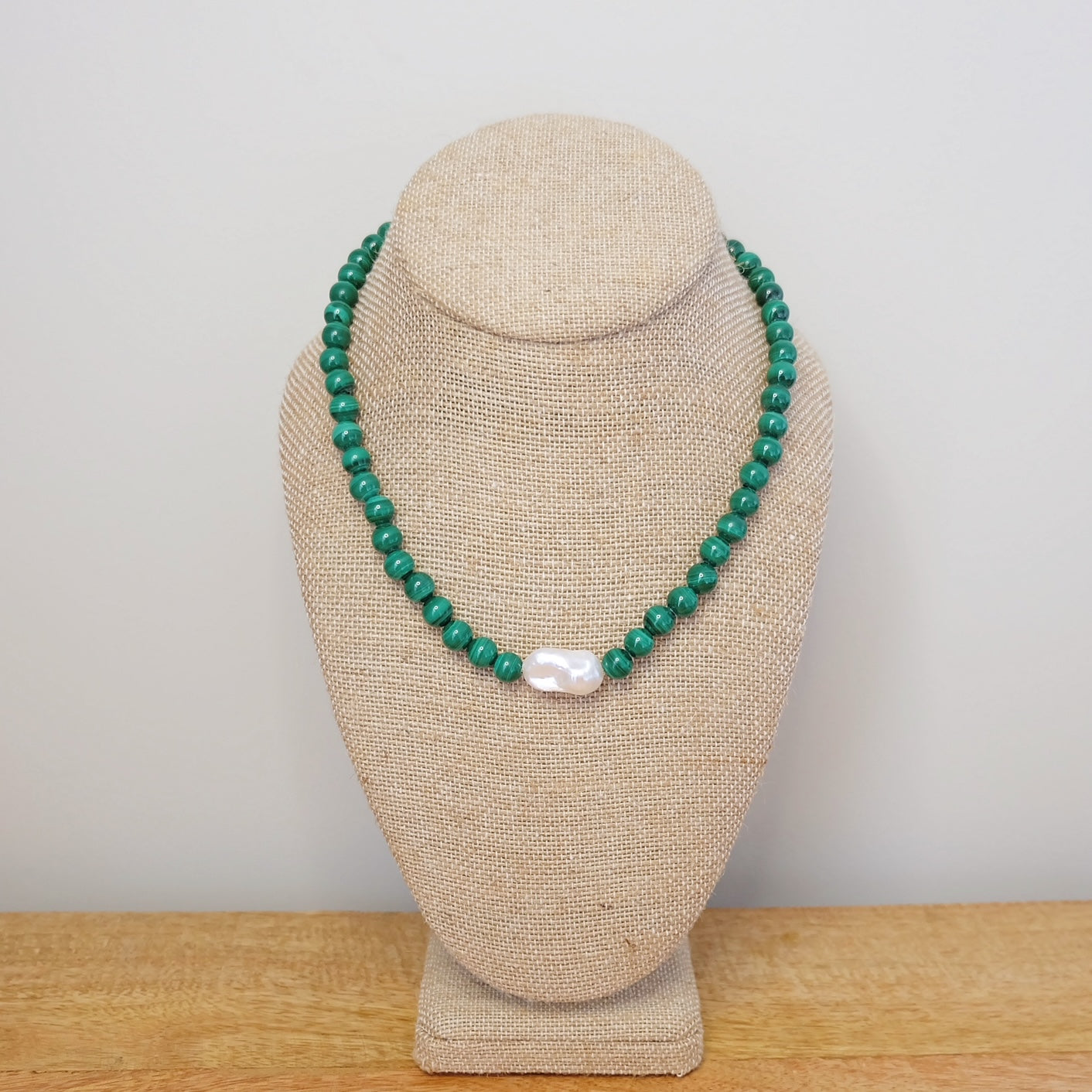 Malachite, Pearl Bead Necklace 14K Gold