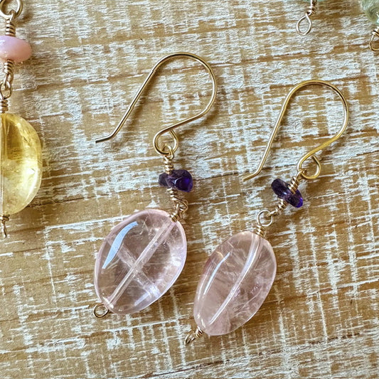  Elegant Morganite and Amethyst beaded dangle earrings, showcasing a beautiful blend of soft pink and purple hues.