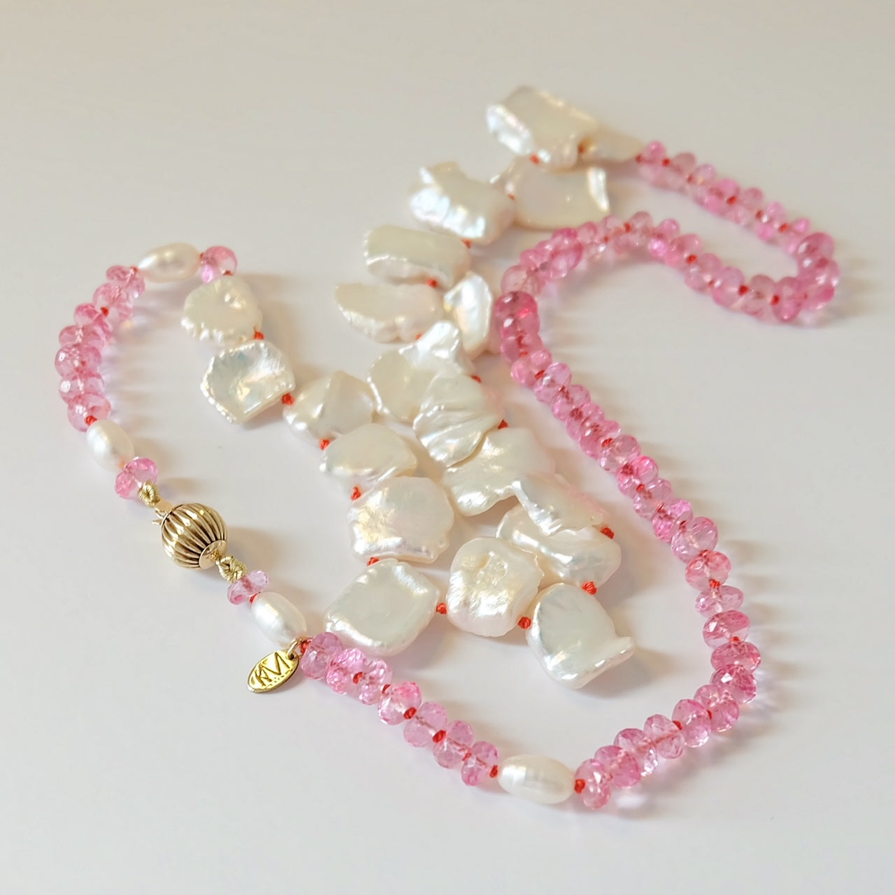 Pearl beaded necklace-pink topaz necklace