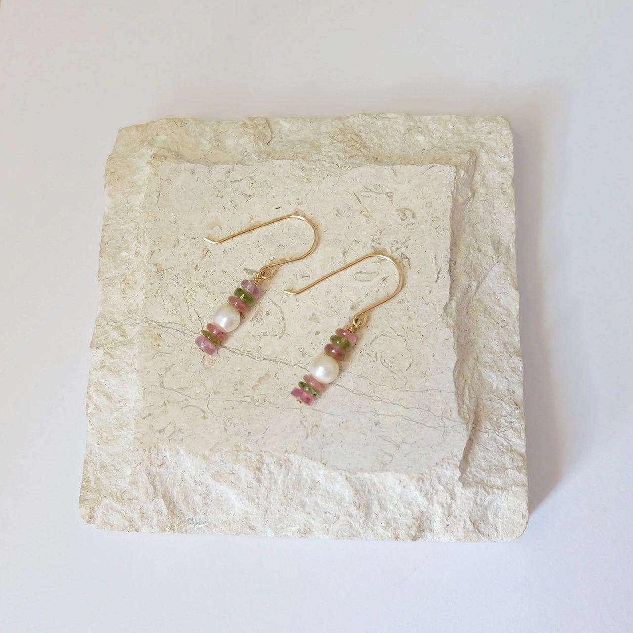 Pearl drop earrings with tourmaline beads