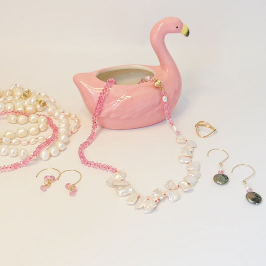 display of Pink Topaz Pearl Beaded Necklace