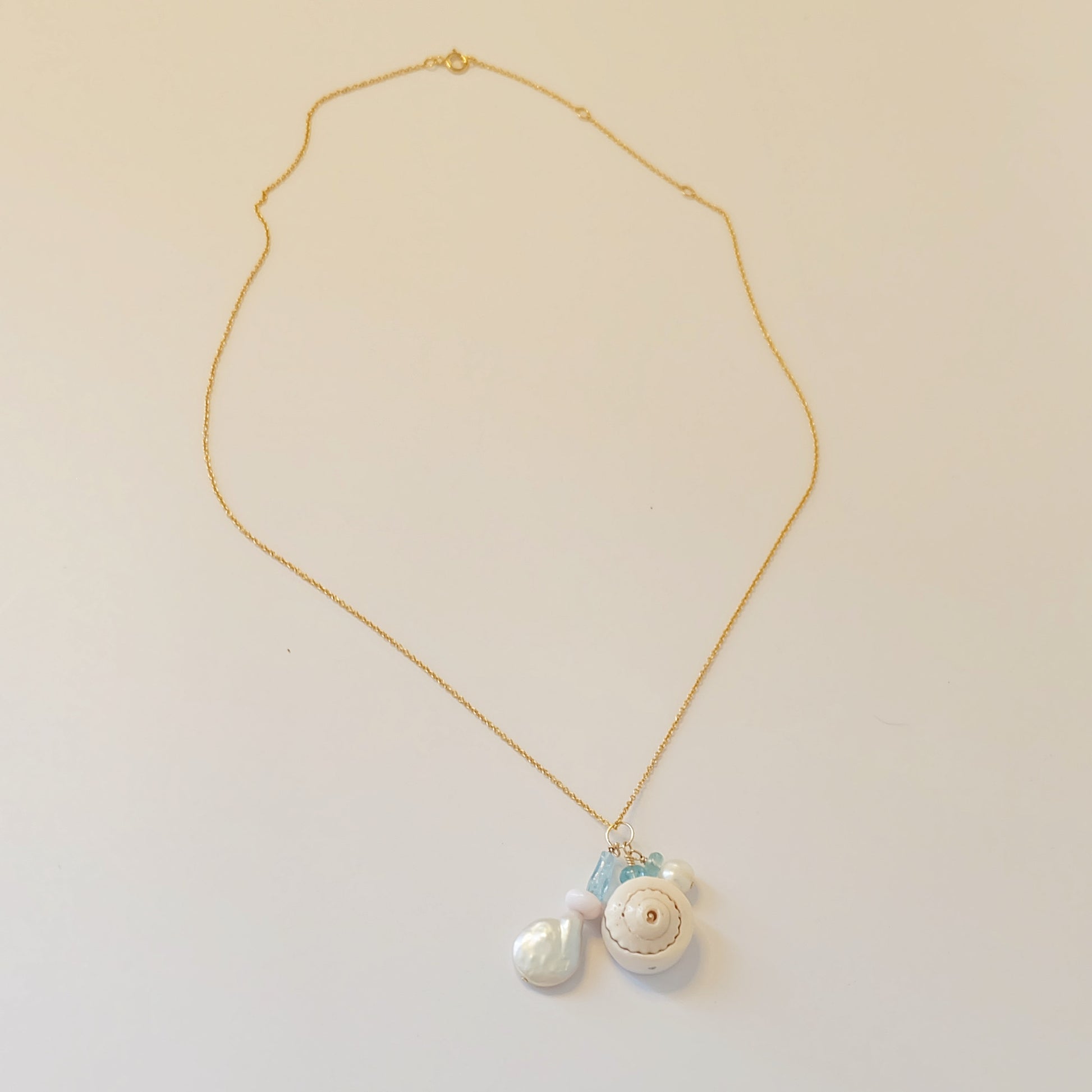 Seashell Necklace-Pearl Aquamarine Charms-Opal Charm