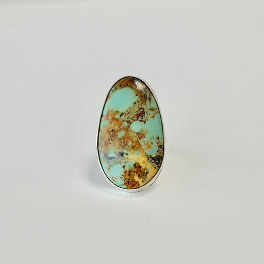 Stella blue turquoise silver ring with brown and black speckles on a white background