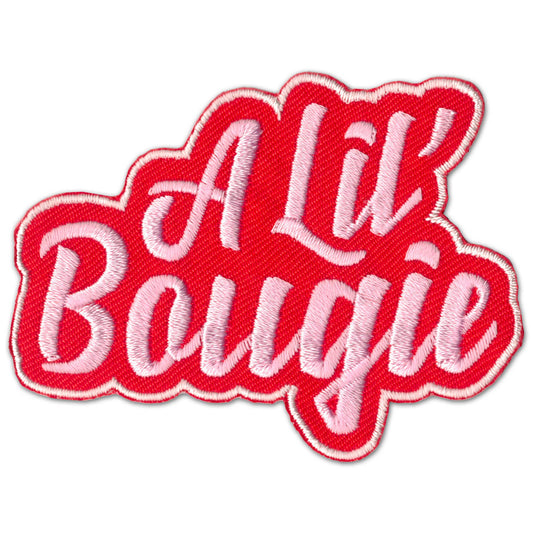 A Lil Bougie red and pink script embroidered iron on patch for tote bags