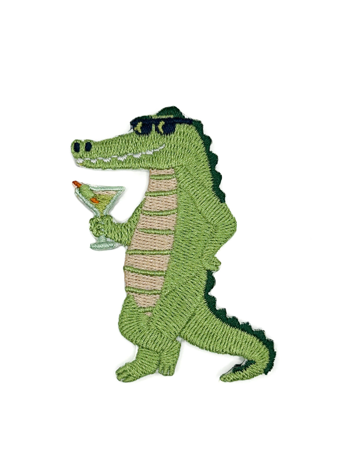 Alligator cocktail embroidered iron-on patch, green gator in sunglasses, 2 x 2.75 inches