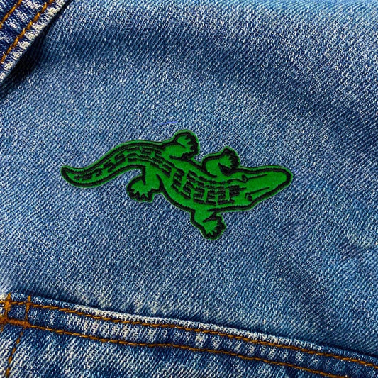 Green alligator embroidered iron on patch, 1.5x3 inches