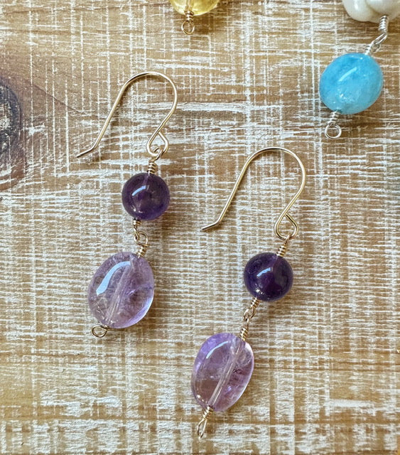 Purple amethyst dangle earrings on hand-forged 14K gold-filled wire