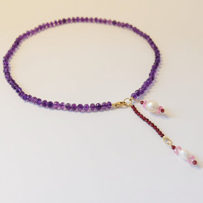 Amethyst necklace with pearl and topaz charms