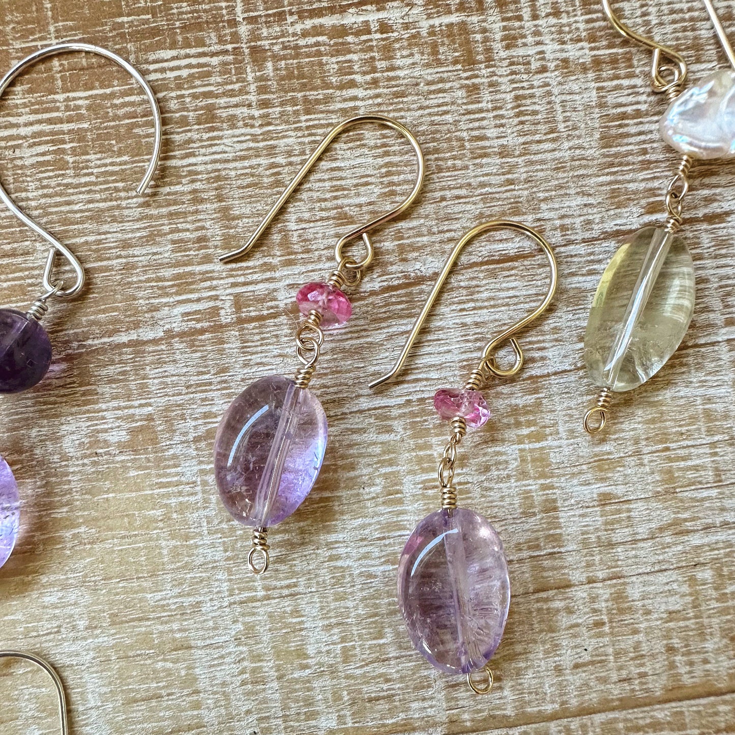 amethyst pink topaz gold dangle earrings