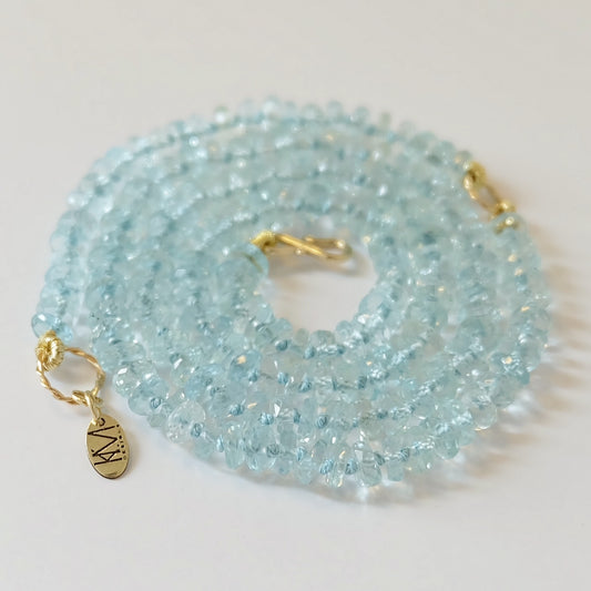 Aquamarine bead necklace with 14K gold and custom-dyed silk