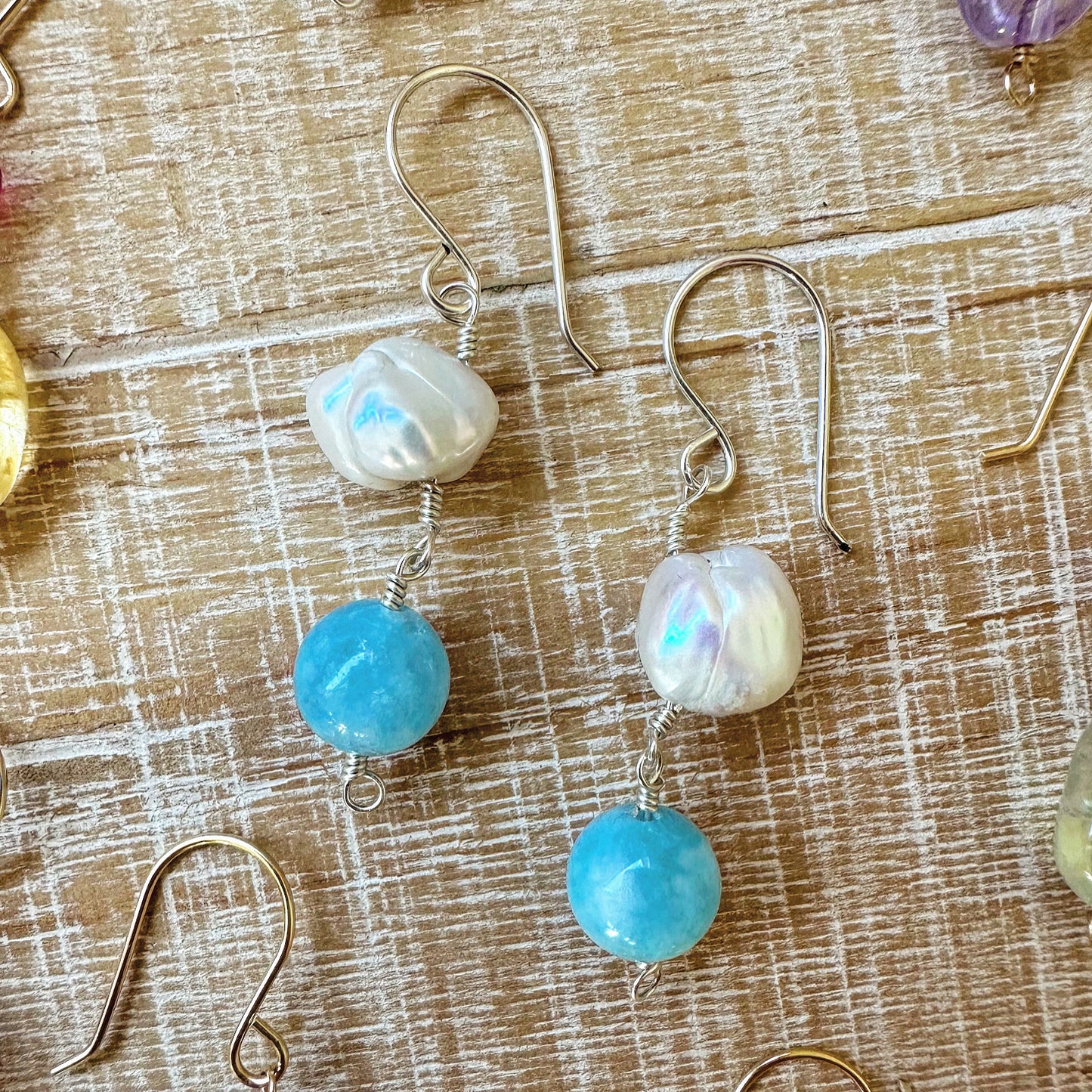 aquamarine pearl gold dangle earrings