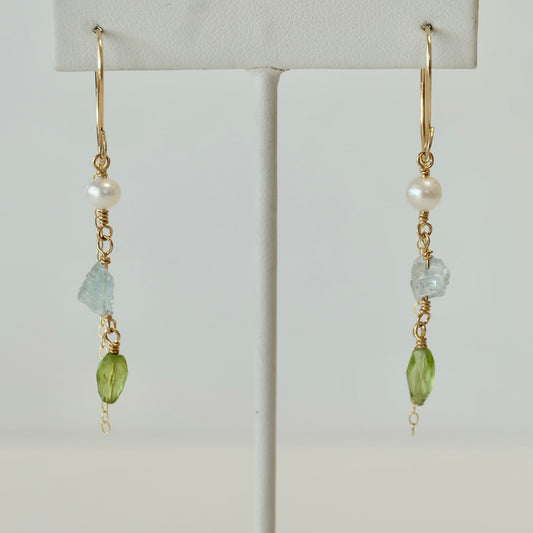 Front view of Aquamarine, Peridot & Pearl Dangle Earrings handcrafted with 14K gold-filled wire.