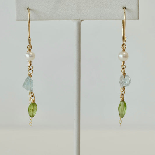 Front view of Aquamarine, Peridot & Pearl Dangle Earrings handcrafted with 14K gold-filled wire.