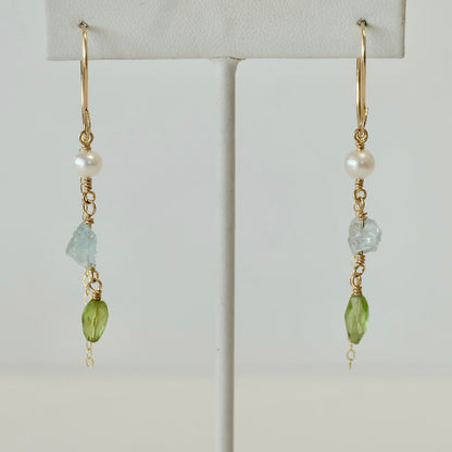 Front view of Aquamarine, Peridot & Pearl Dangle Earrings handcrafted with 14K gold-filled wire.