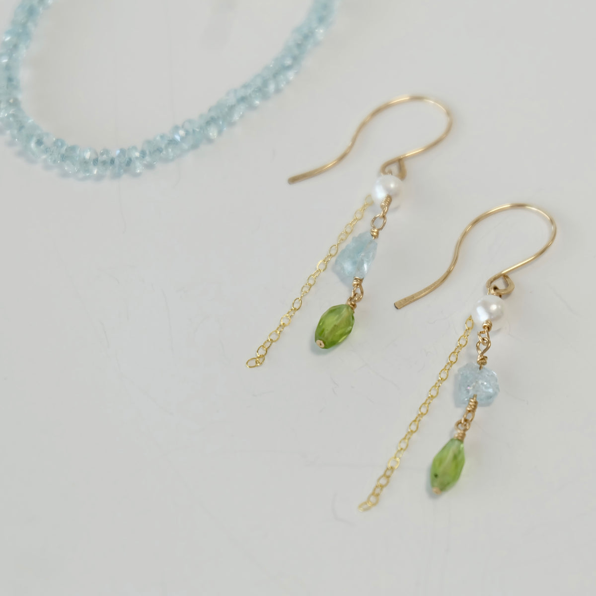 Aquamarine, peridot and pearl dangle earrings in 14K gold-filled wire