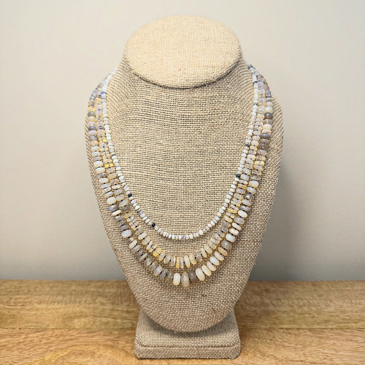 Australian opal bead necklace on lavender silk